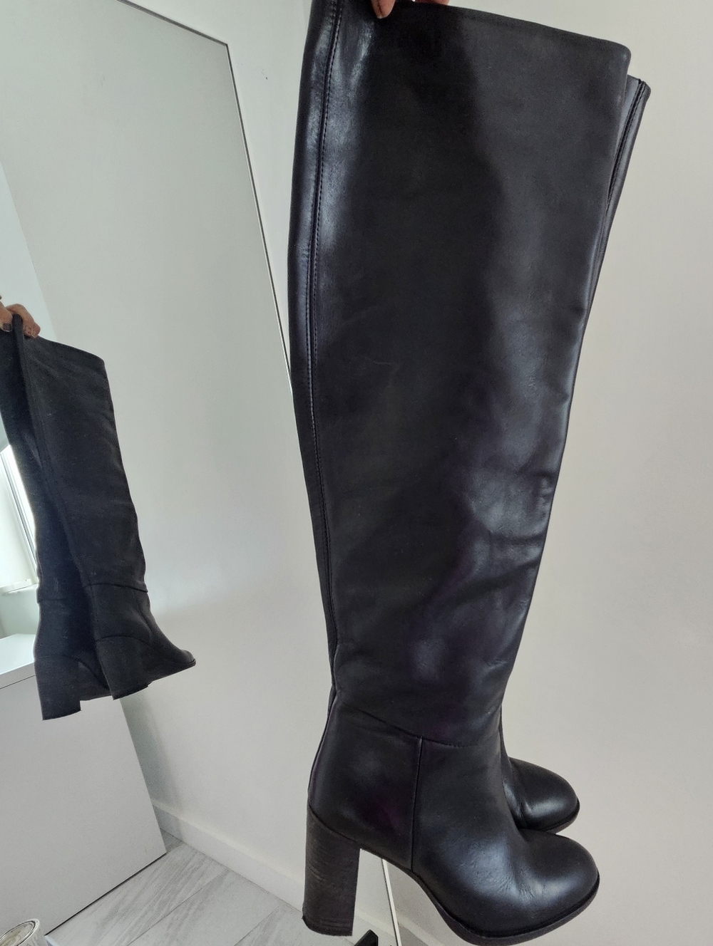 Free People Dakota Black Leather Wood Chunky Heeled Over Knee Boots - Picture 13 of 14